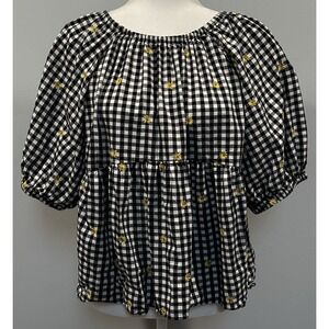 Old Navy Women's Top‎ Puff Sleeve L Black White Gingham Check Daisy Embroidered